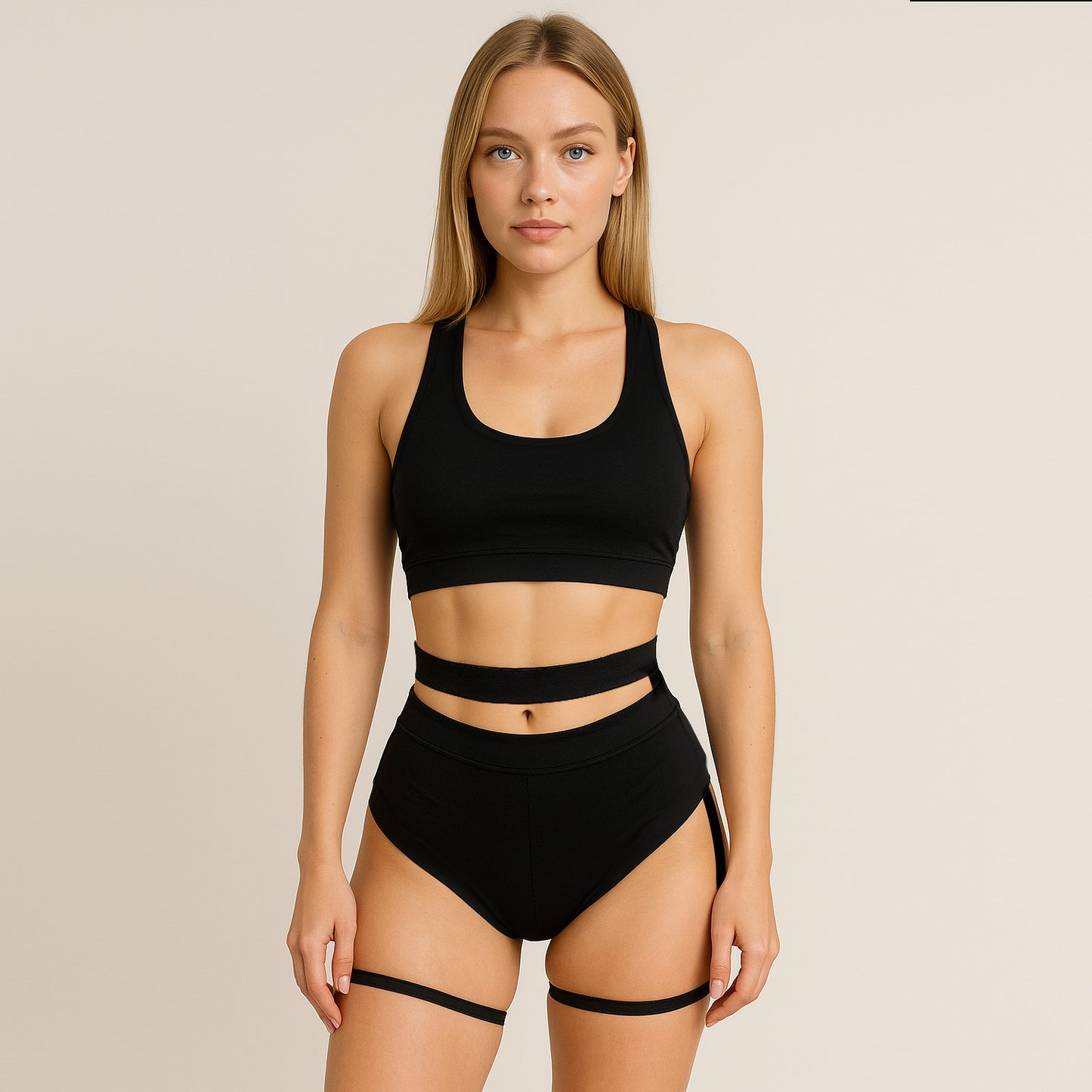 Mittelhohe Pole Dance-Shorts mit Strumpfgürtel und Sport-BH mit geflochtener Rückseite