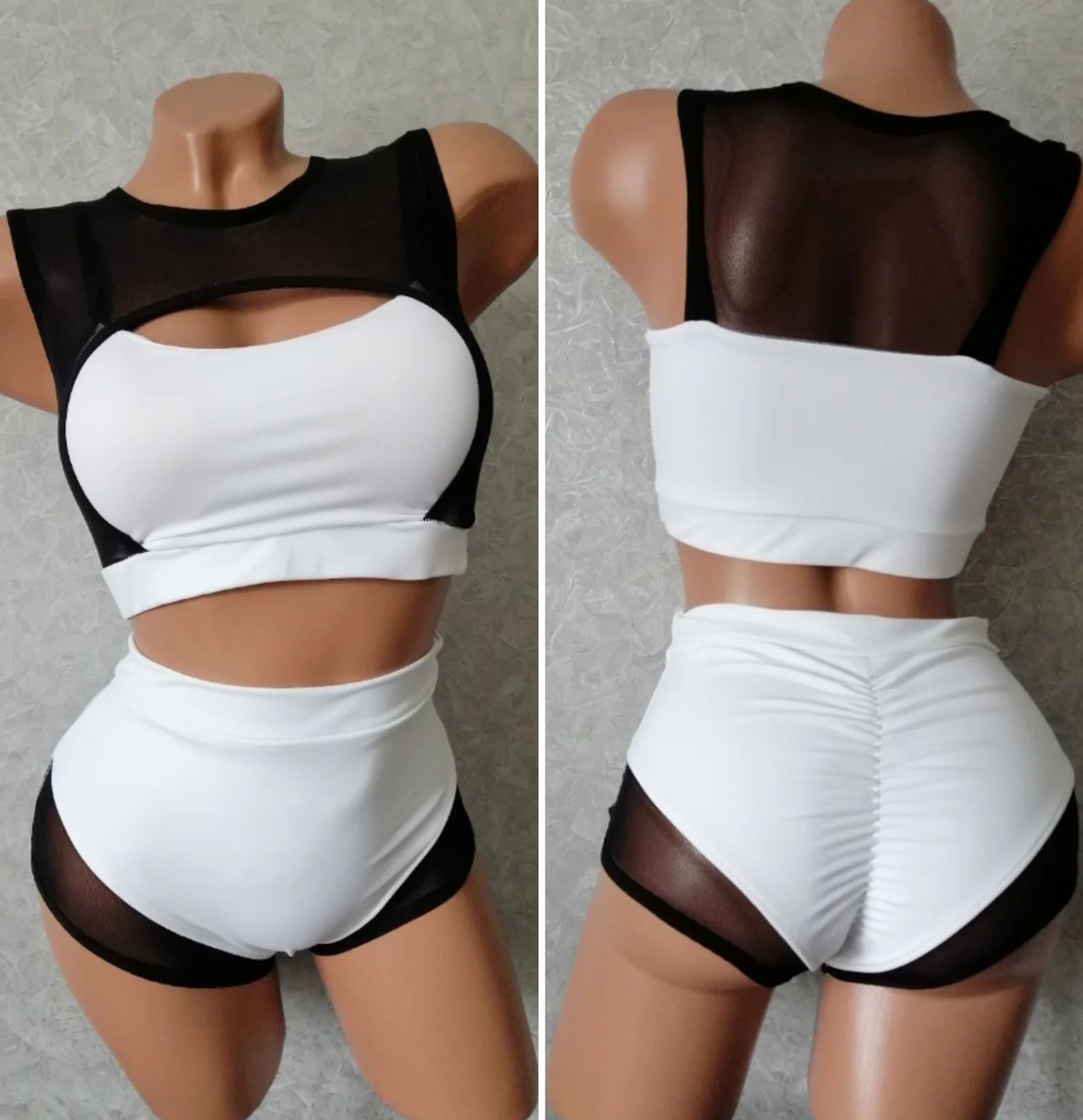 Pole dance costume with black translucent inserts on the top and bottom