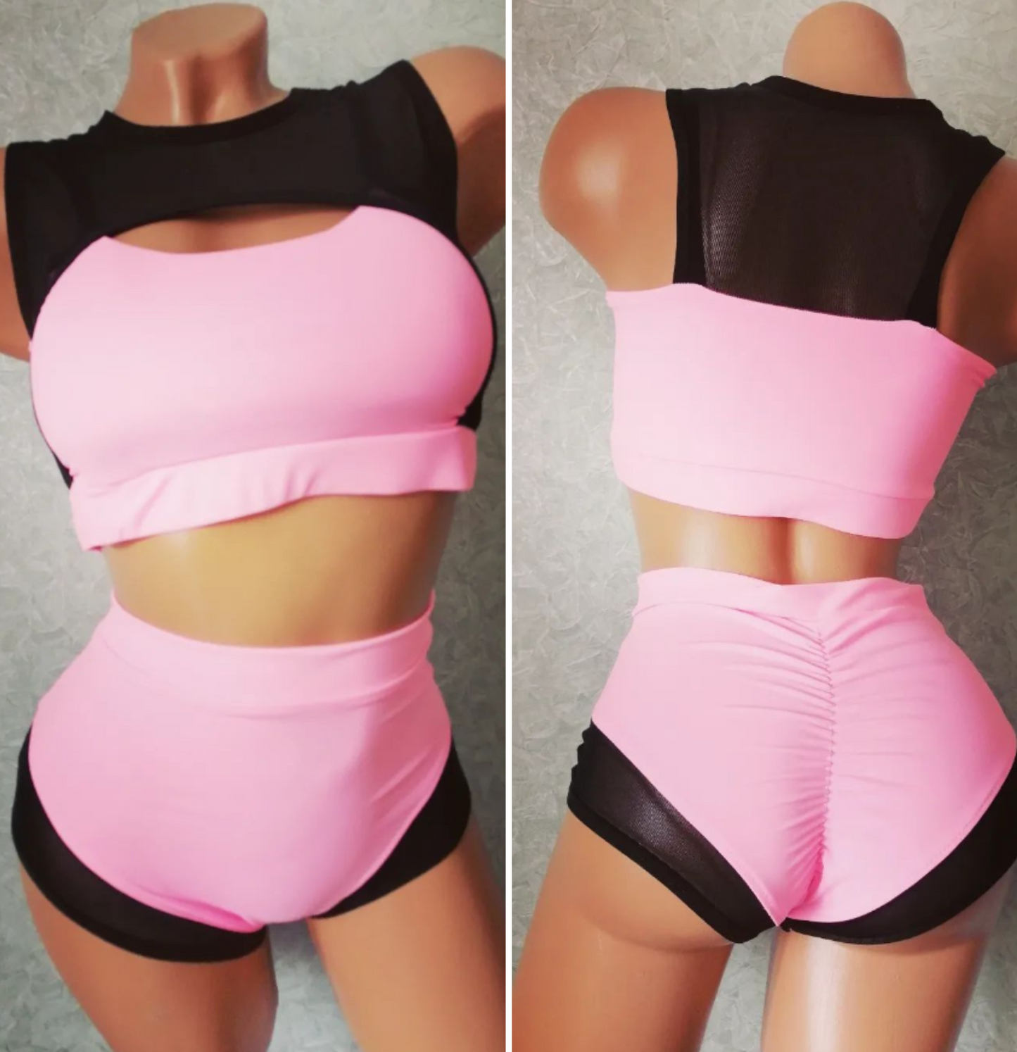 Pole dance costume with black translucent inserts on the top and bottom