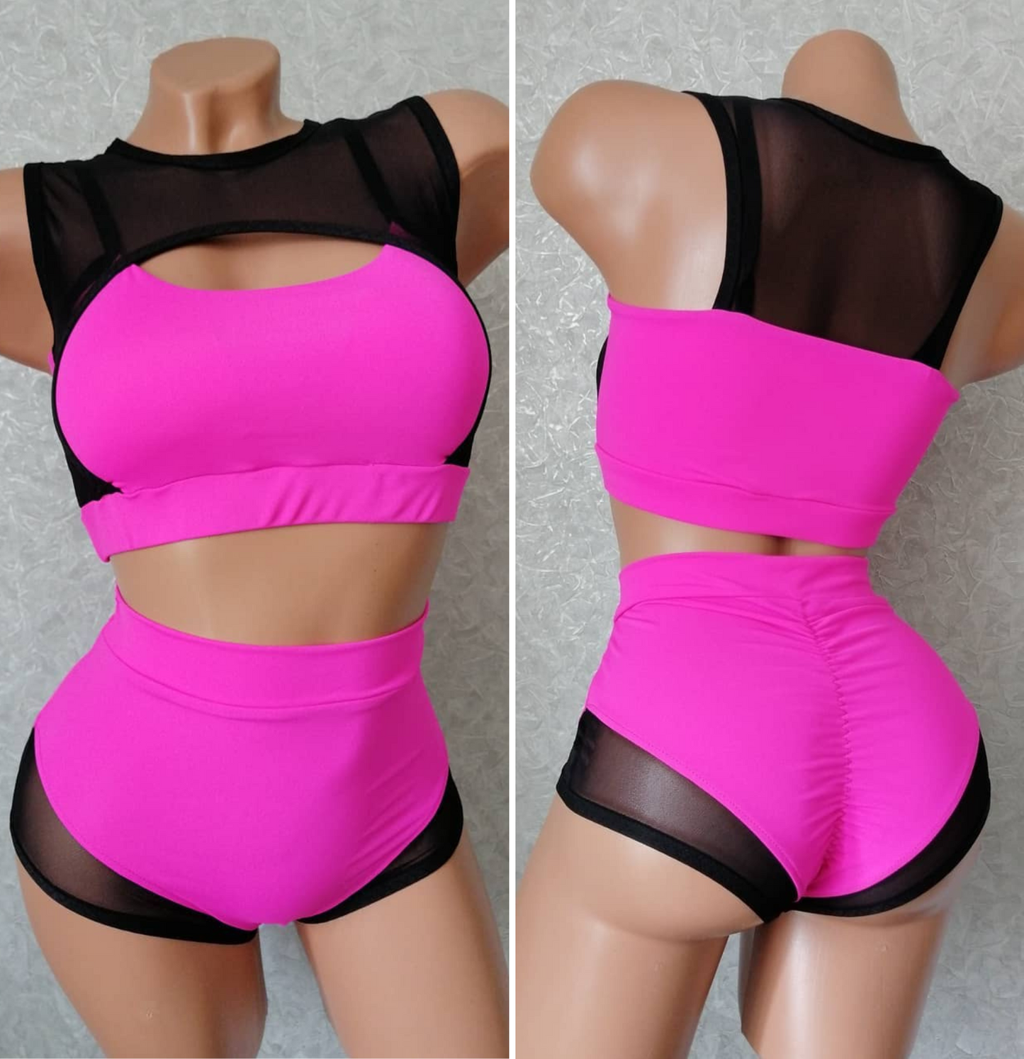 Pole dance costume with black translucent inserts on the top and bottom