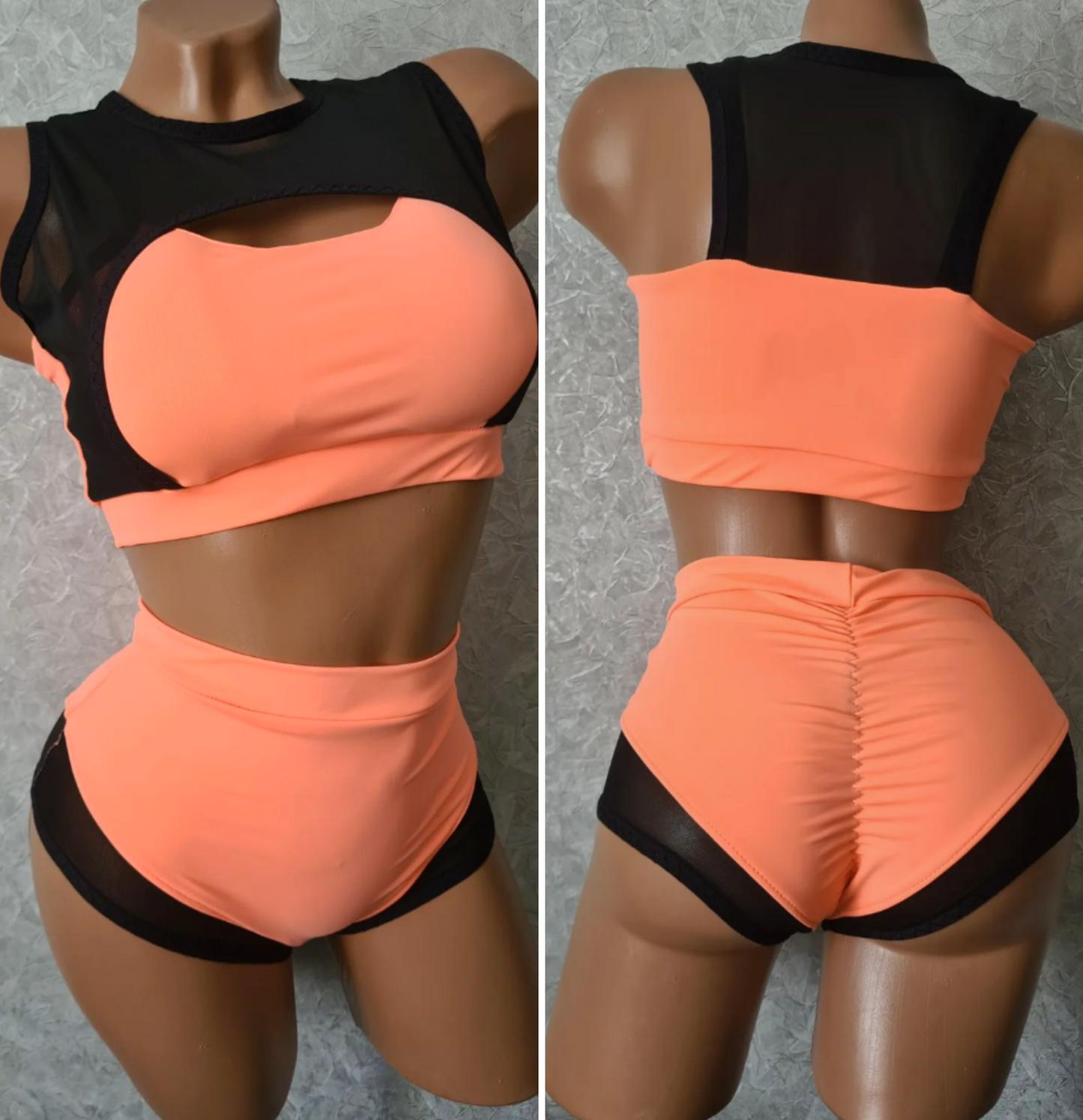 Pole dance costume coral with black translucent inserts