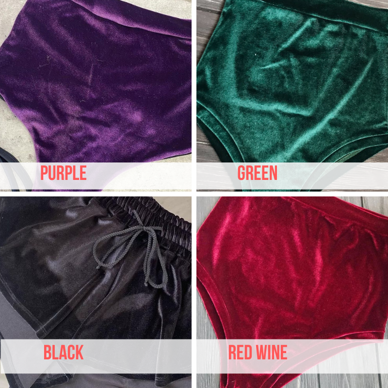 Four velvet garments in purple, green, black, and red wine on a neutral background.