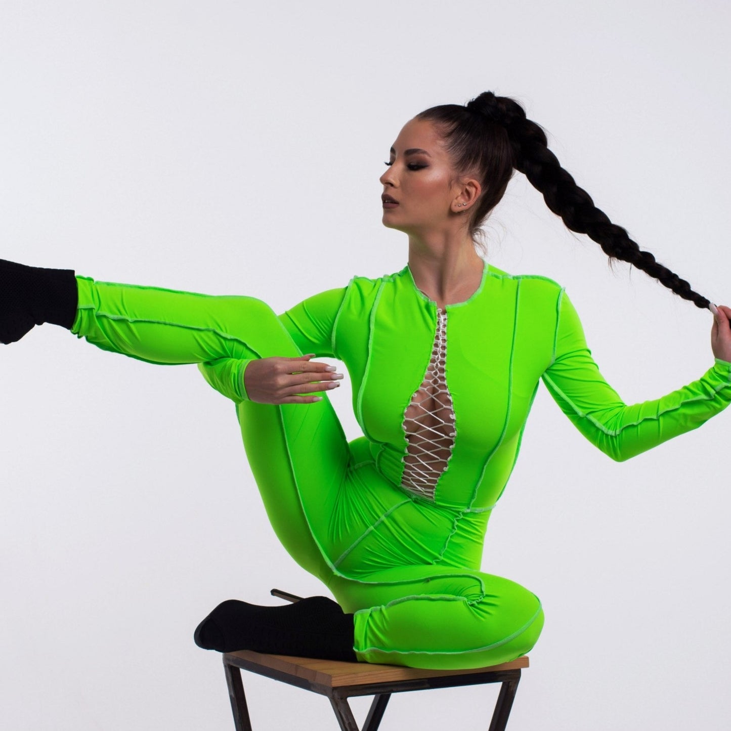 Green Lace up jumpsuit, Exposed seam bodycon jumpsuit