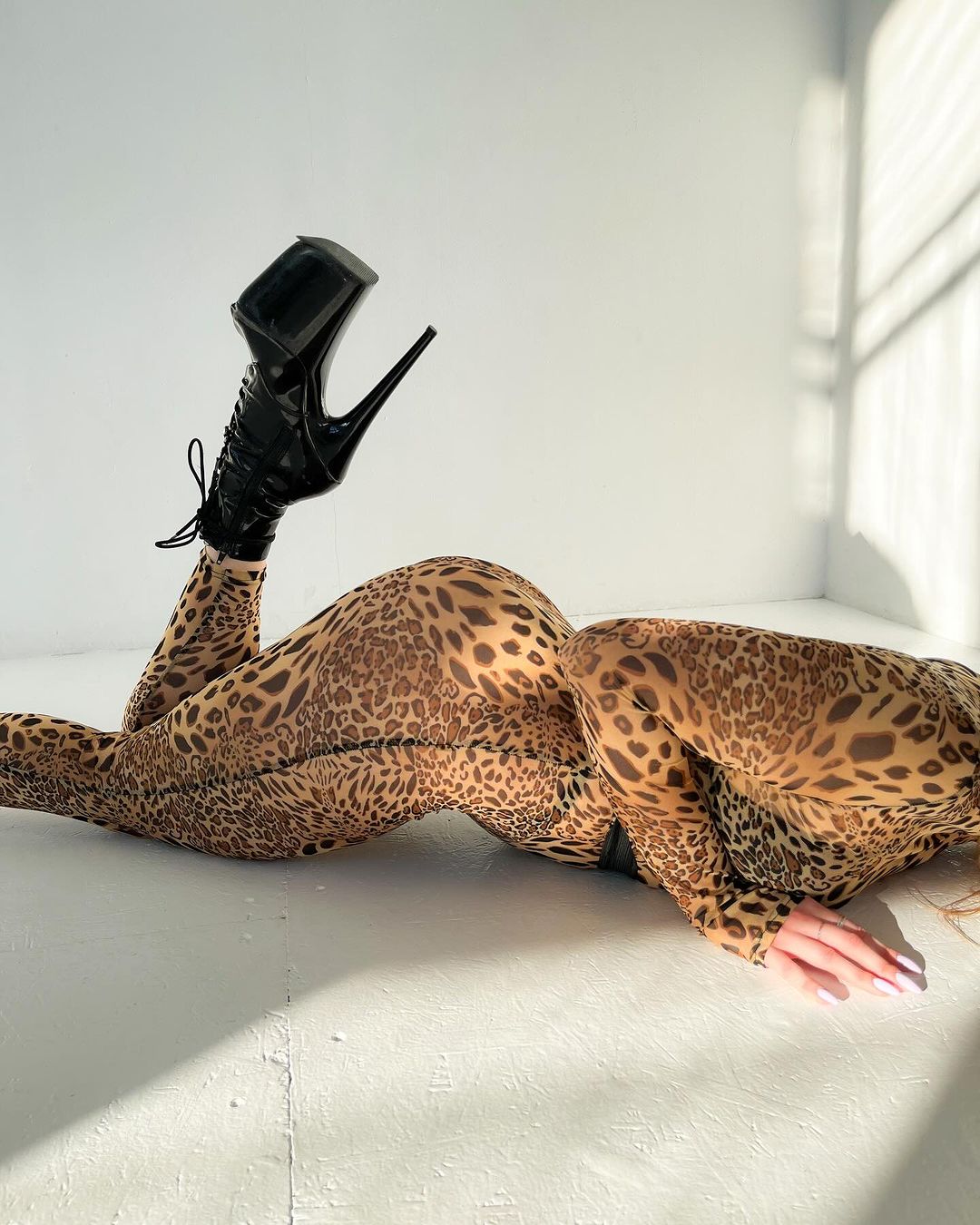 Leopard print transparent mesh catsuit