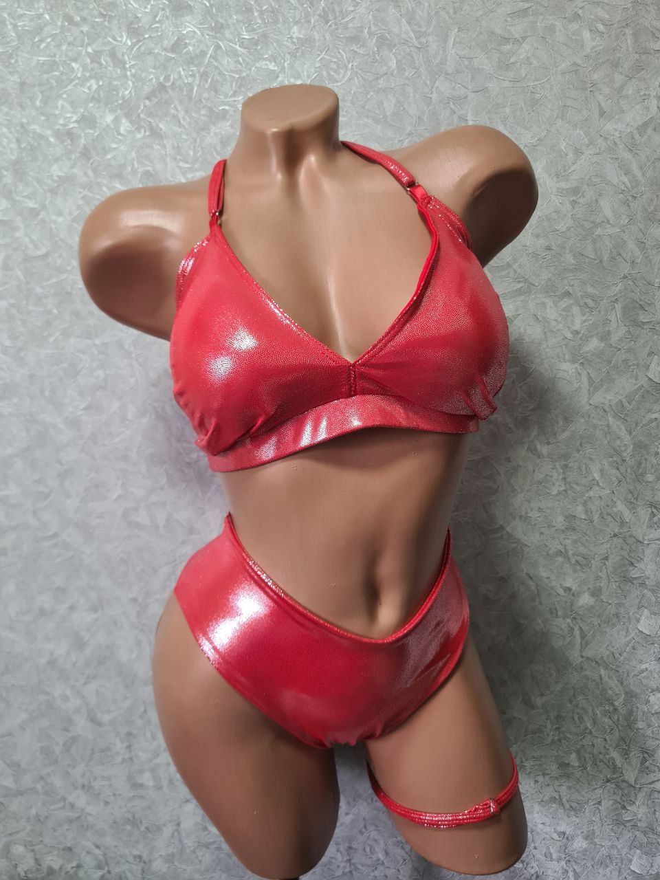 Metallic Spandex Exotic Dance Wear Set: Faux Leather High Waisted Thong Bottoms & Triangle Padded Bralette