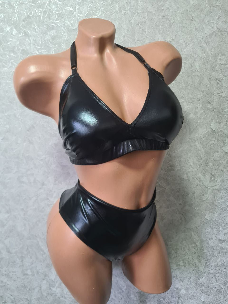 Metallic Spandex Exotic Dance Wear Set: Faux Leather High Waisted Thong Bottoms & Triangle Padded Bralette