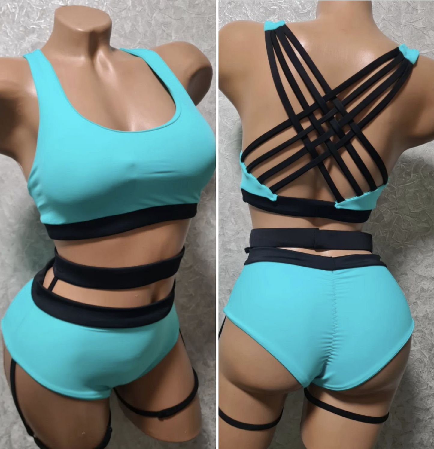 Mid-rise pole dance shorts with garter belt and Braided-back sports bra