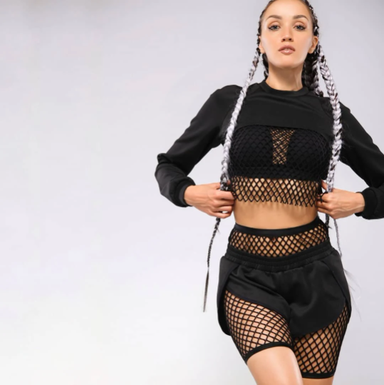 Fishnet dance outfit with shorts and cropped sweatshirt