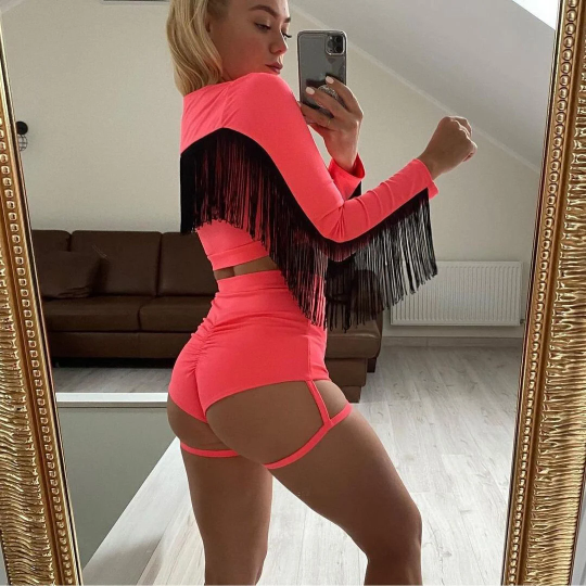Orange outfit with black fringes for pole dance