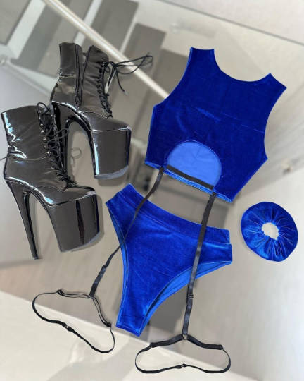 navy blue Pole dance suit with high cut panties and garter