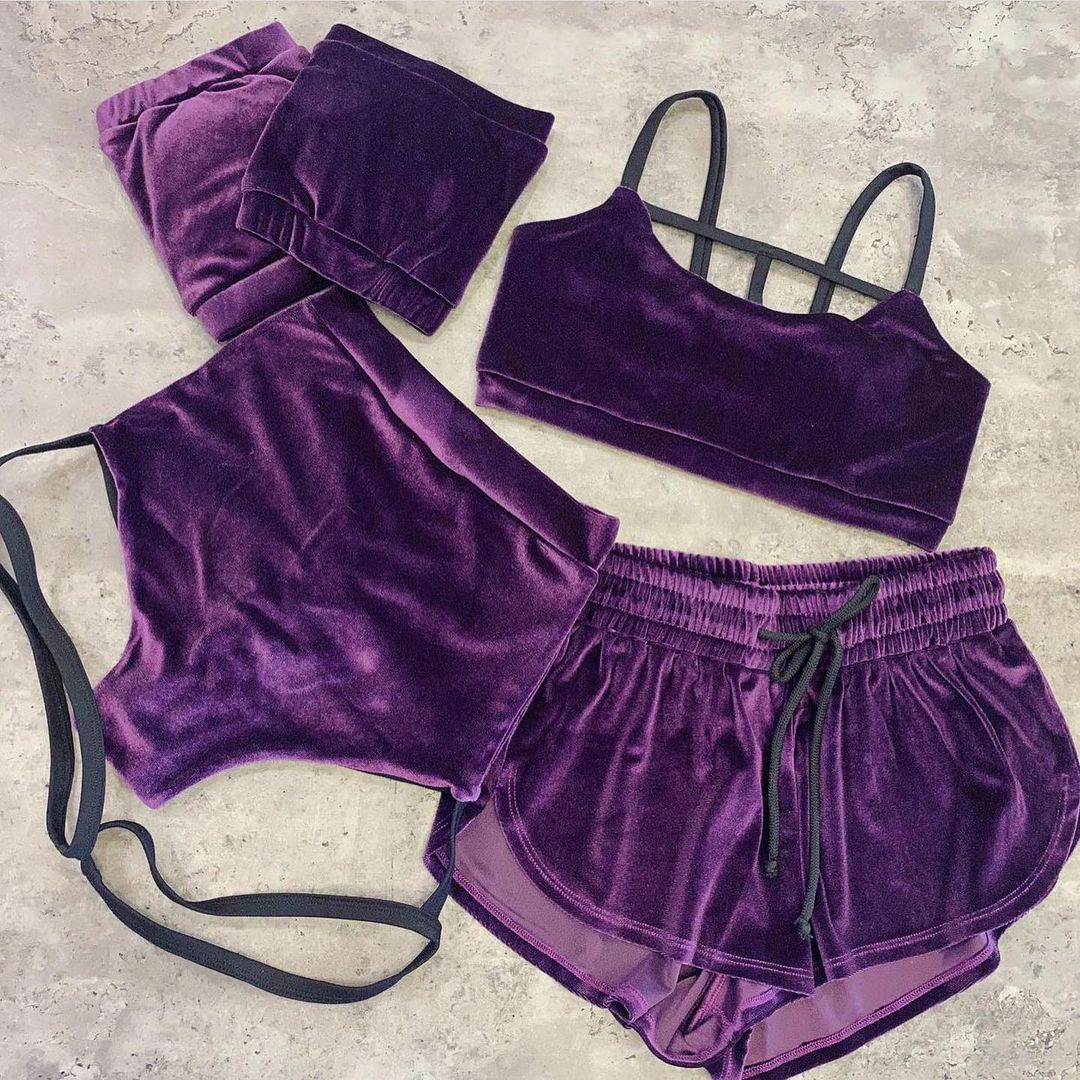 purple Pole dance velvet top with straps and shorts with garter