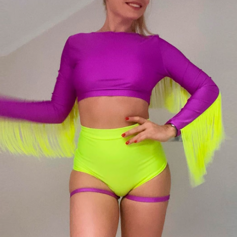 Purple outfit with neon fringes for dance