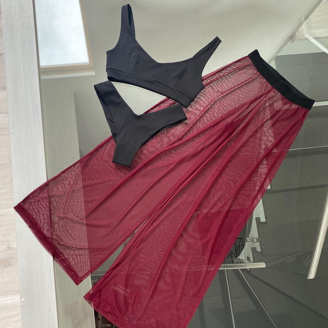 red mesh pants and top