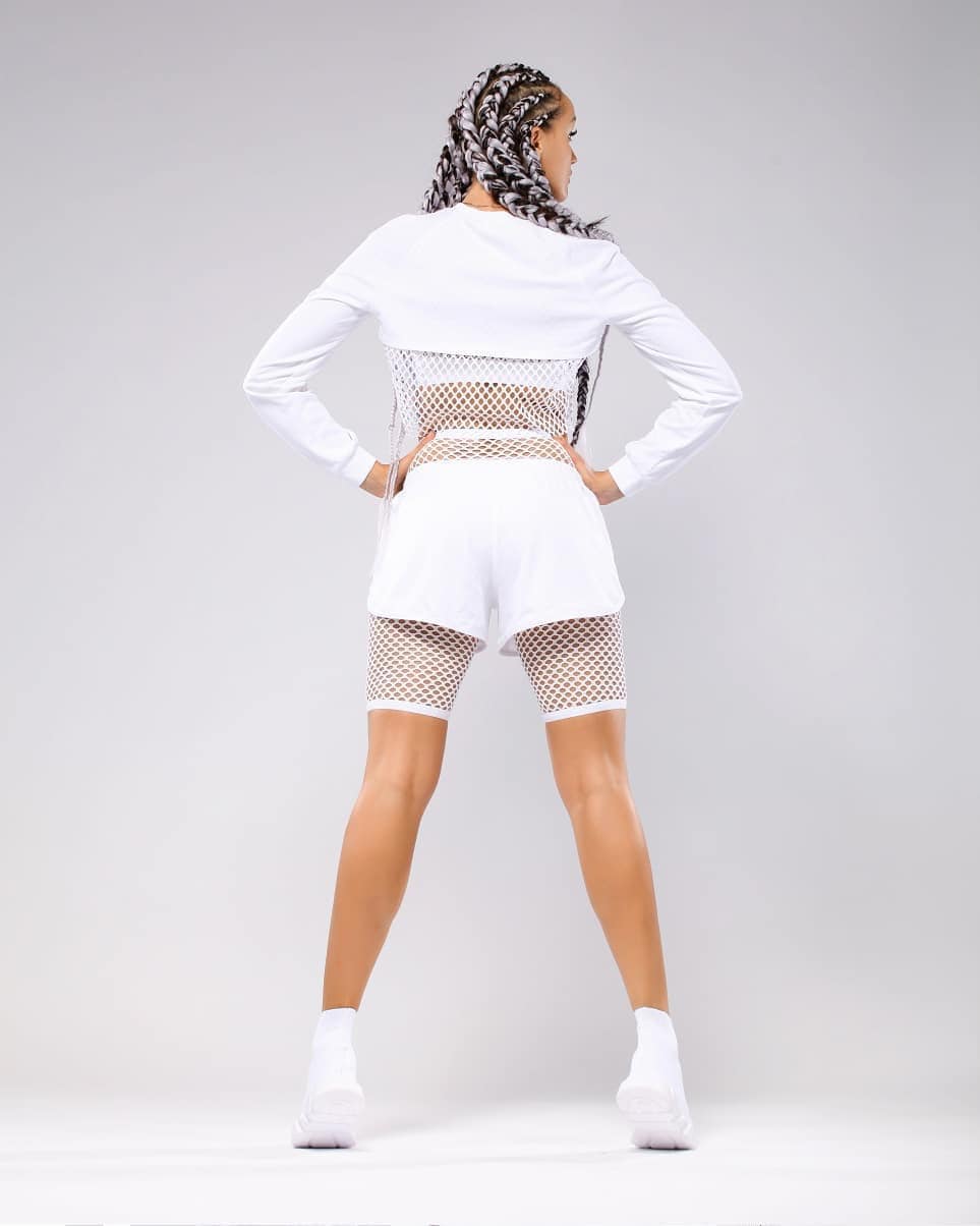 Fishnet dance outfit with shorts and cropped sweatshirt