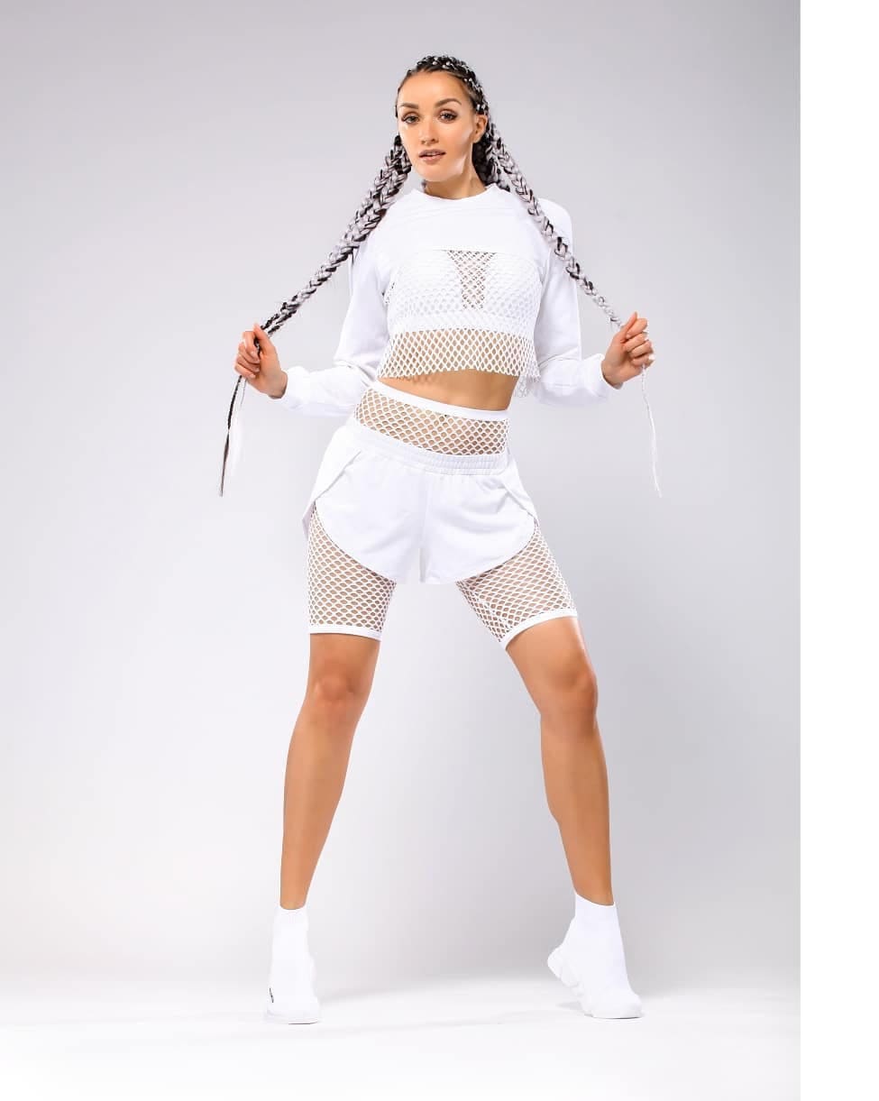 Fishnet dance outfit with shorts and cropped sweatshirt