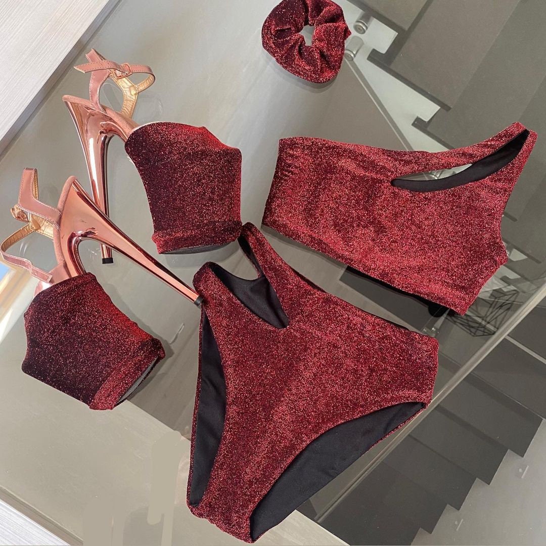 lurex red swimsuit with cut-out one shoulder top