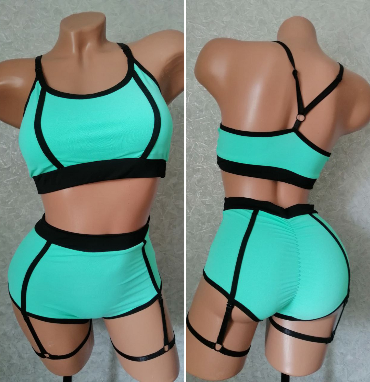 Mint pole dance outfit with black garter