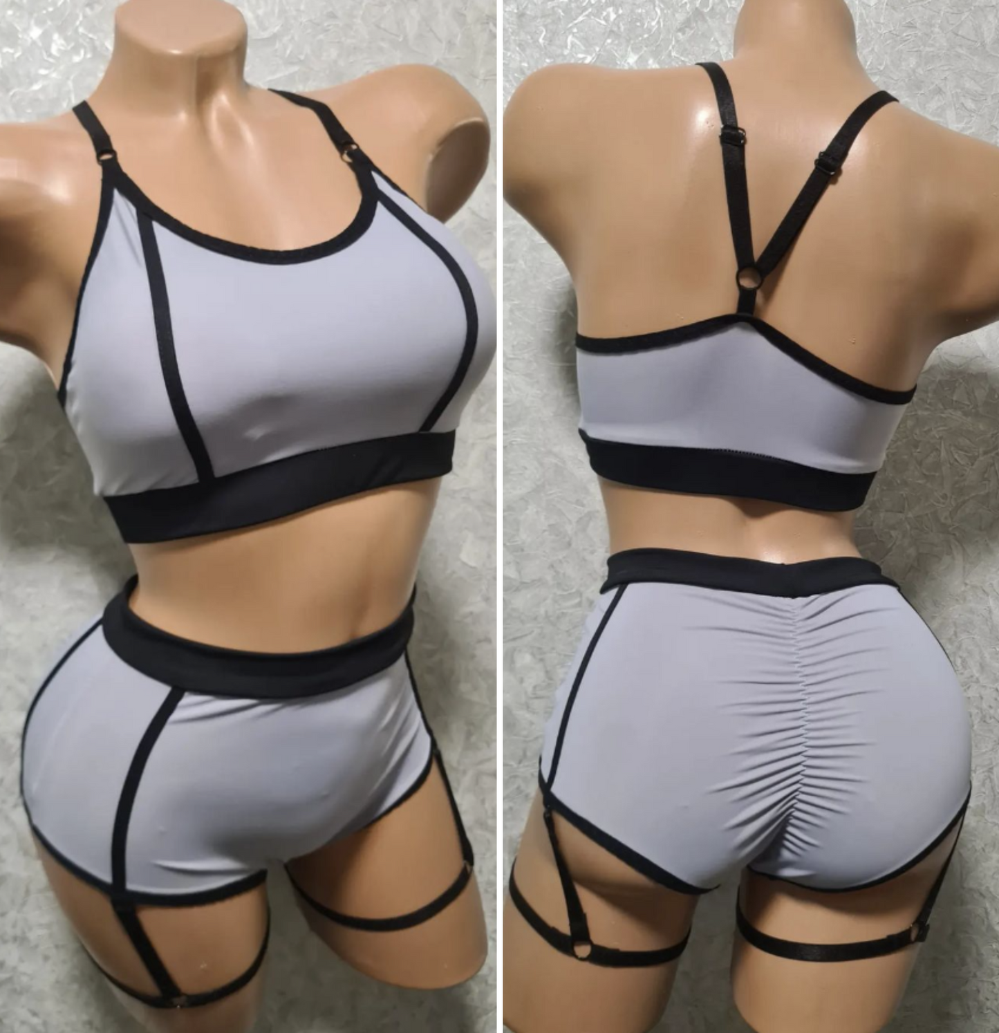Gray pole dance outfit with black garter