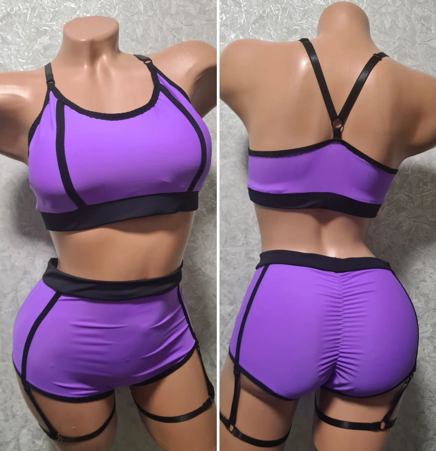 Purple pole dance outfit with black garter