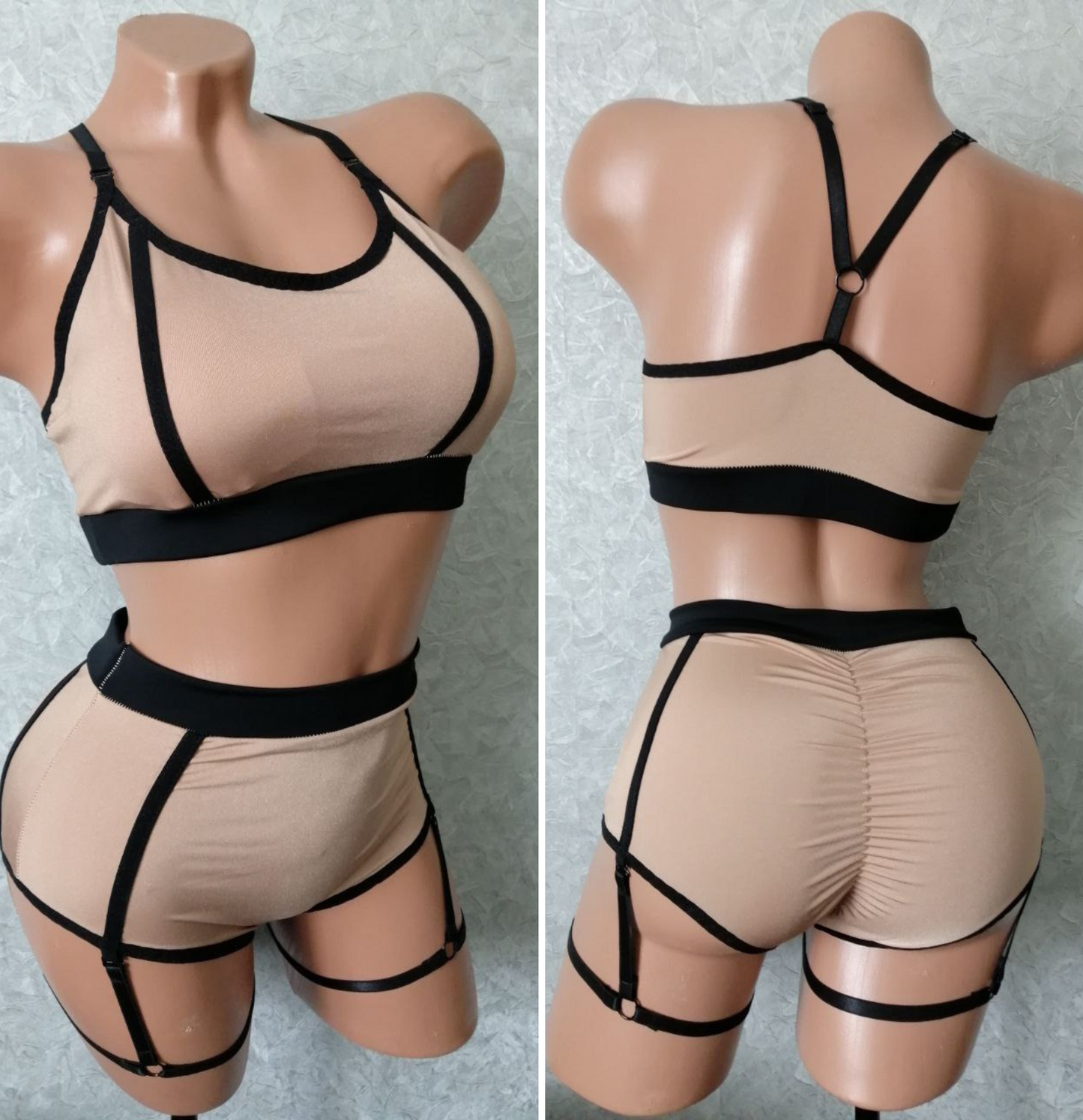 Beige pole dance outfit with black garter
