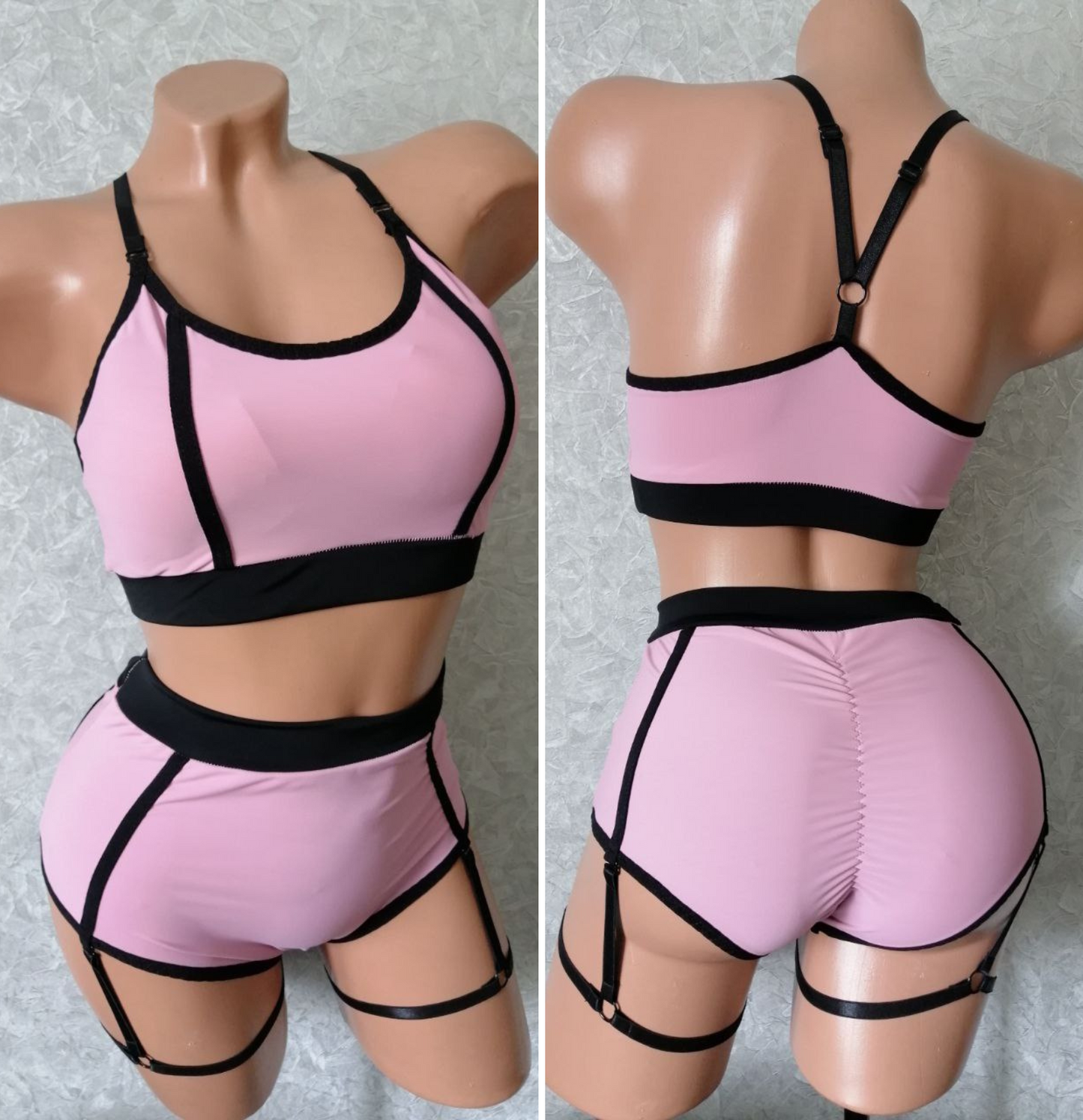 Dirty pink pole dance outfit with black garter