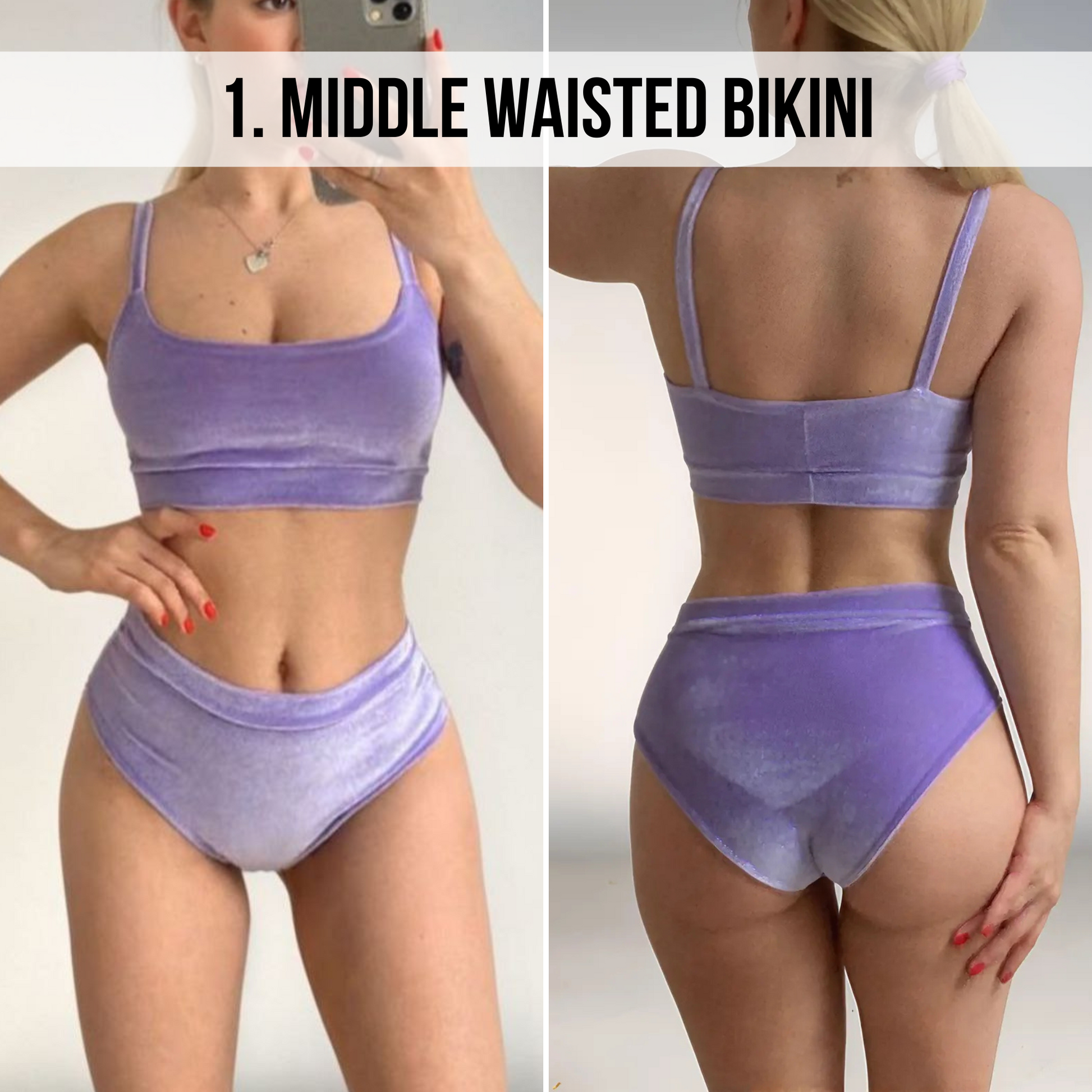 Purple bikini set worn by a model on a plain background