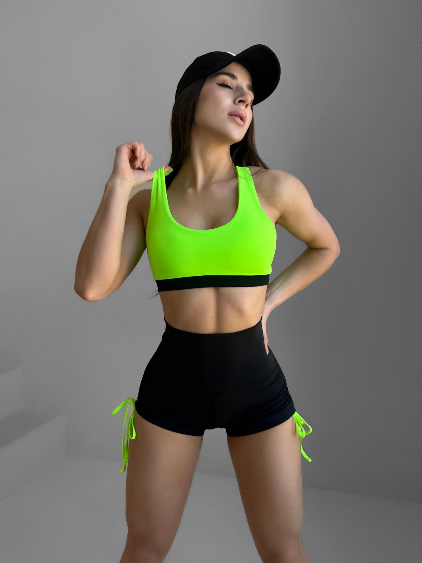 Drawstring side ruched sports shorts high waist and racerback sports bra