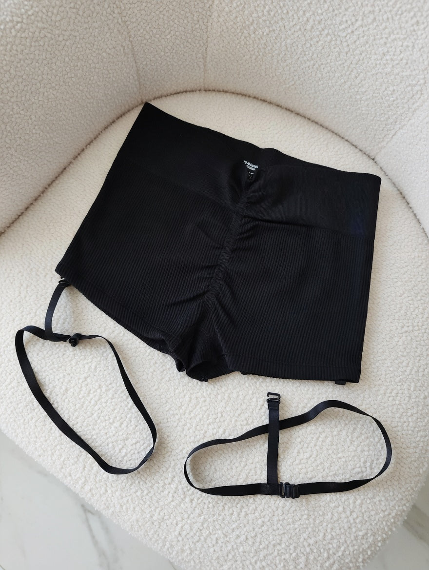 High Waisted Pole Dance black Shorts with Leg Harness