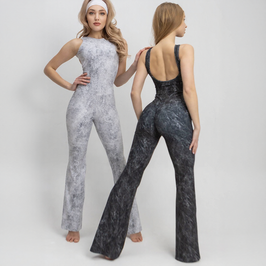 Marmorierter ärmelloser Flare-Jumpsuit für Damen, Scrunch Butt Yoga-Strampler, Spandex Flare Unitard