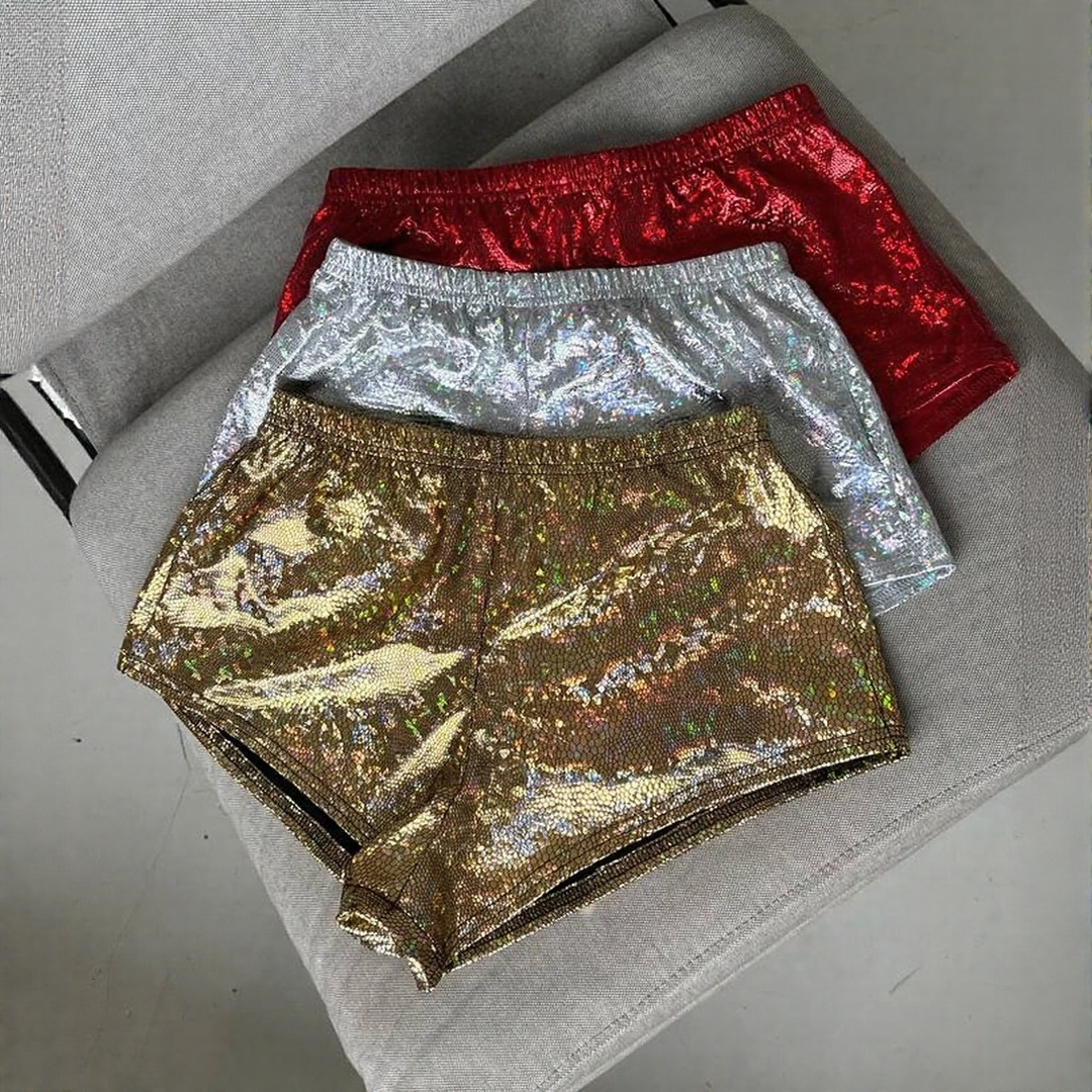 Metallic High Waisted Shorts – Gold Silver Red Sparkly Rave Shorts for Women