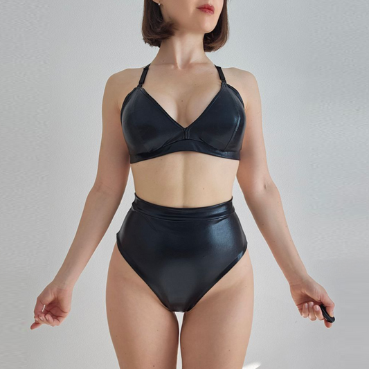 Metallic Spandex Exotic Dance Wear Set: Faux Leather High Waisted Thong Bottoms