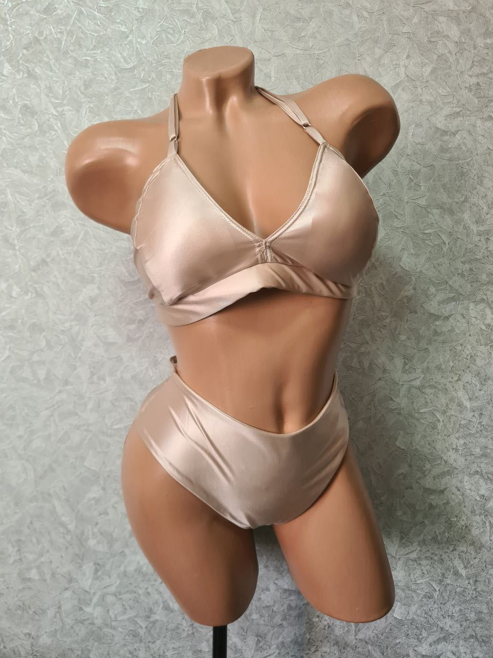 Metallic Spandex Exotic Dance Wear Set: Faux Leather High Waisted Thong Bottoms & Triangle Padded Bralette