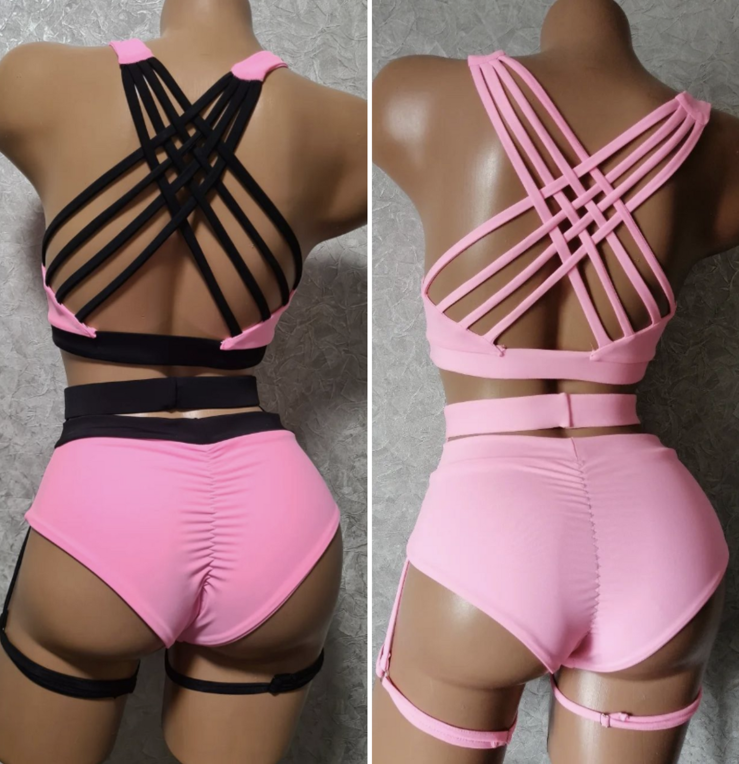 Mid-rise pole dance shorts with garter belt and Braided-back sports bra