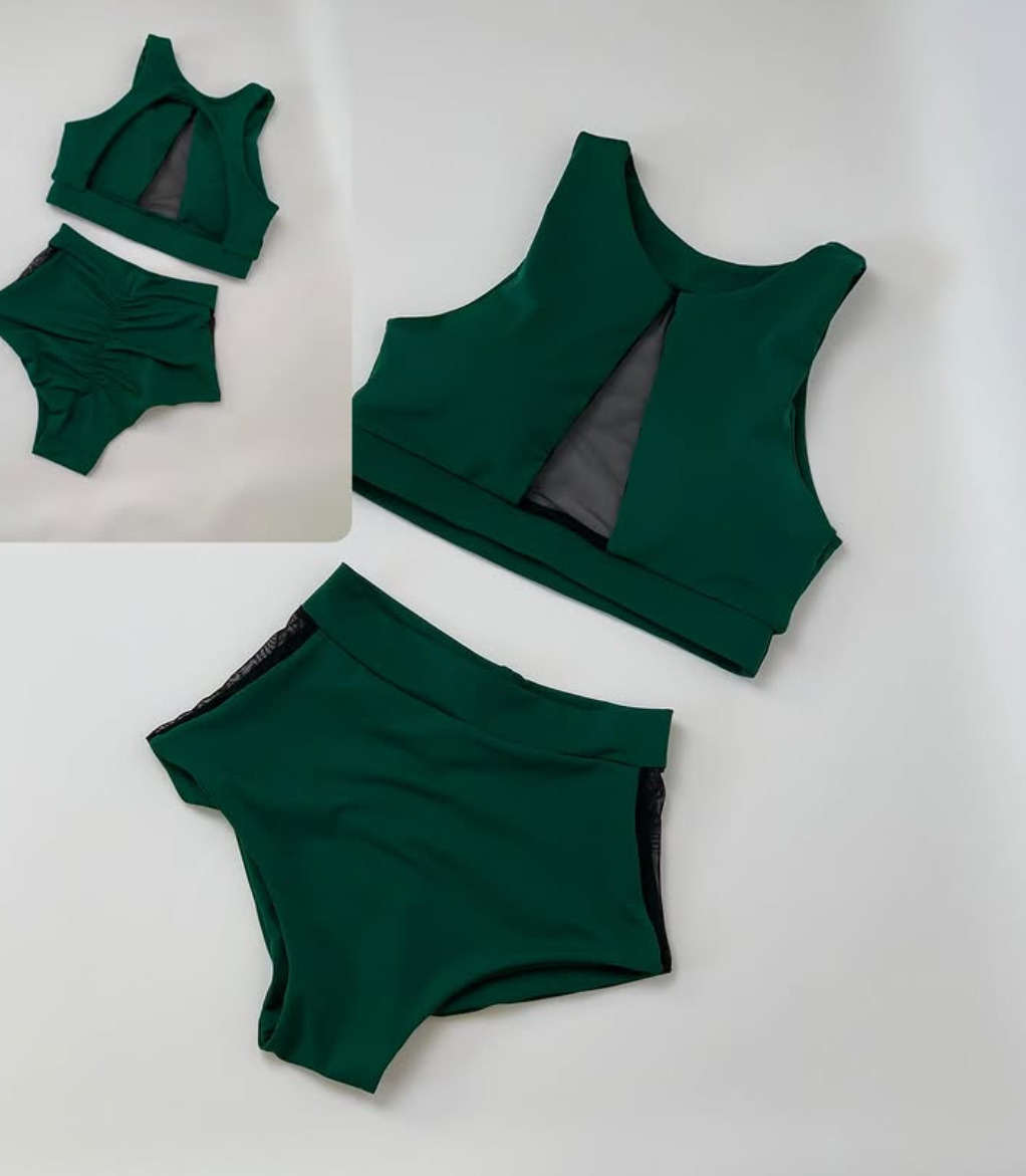 Pole Dance Outfit Set – Costume of Halter Top with Mesh Insert and Shorts