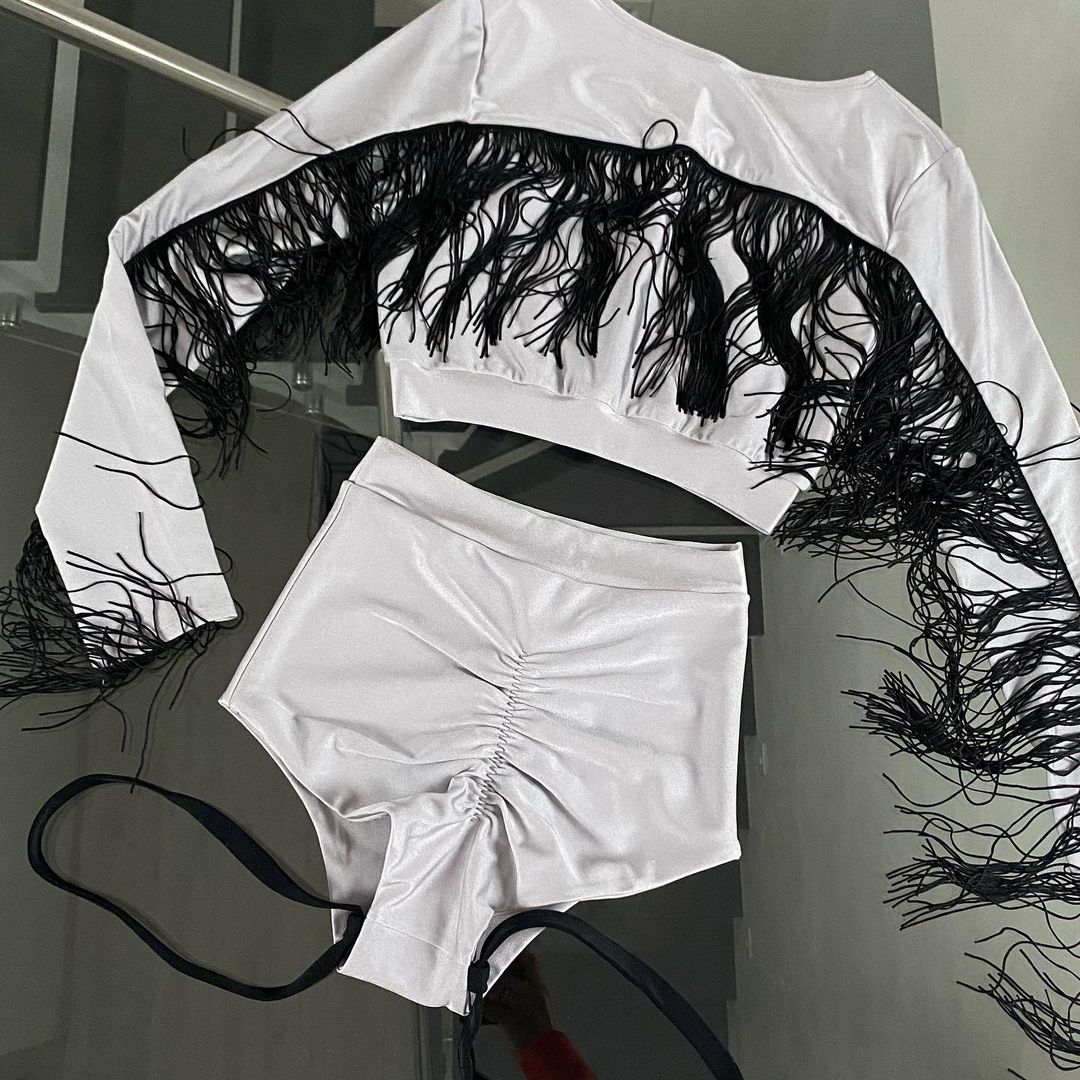 Costume with black fringes for pole dance