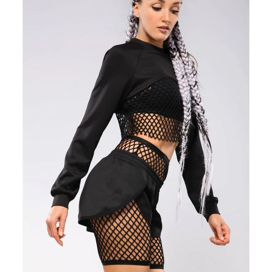 Fishnet dance outfit with shorts and cropped sweatshirt