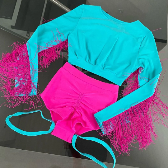 blue and pink fringed outfit