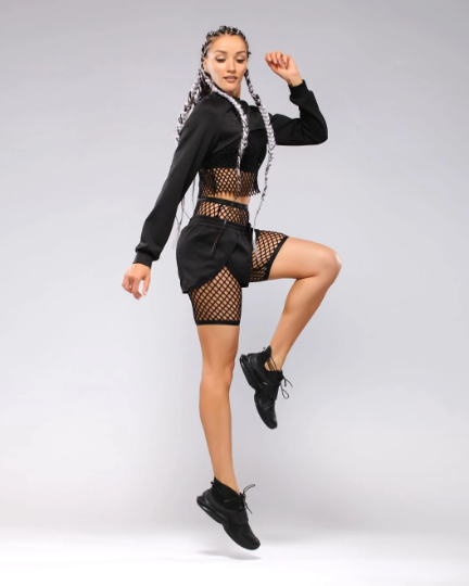 Fishnet dance outfit with shorts and cropped sweatshirt