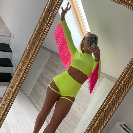 Neon yellow and pink costume with fringes