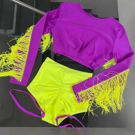 Purple and neon costume with fringes