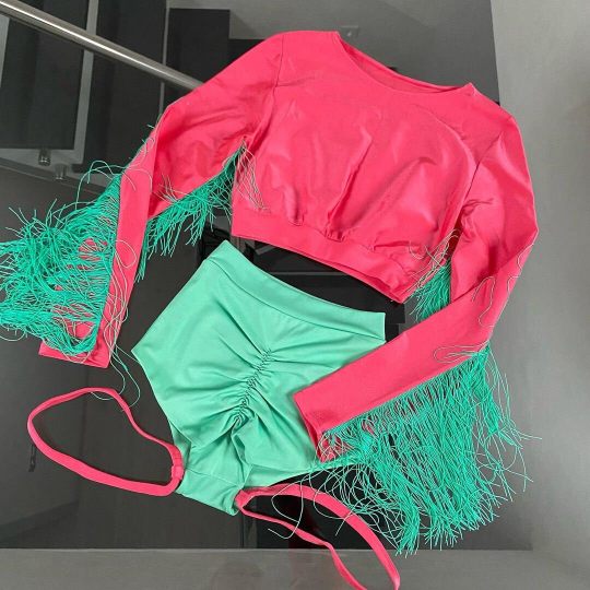 Coral and mint Festival outfit with fringes