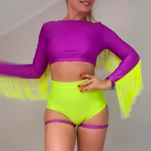 Purple outfit with neon fringes for dance 