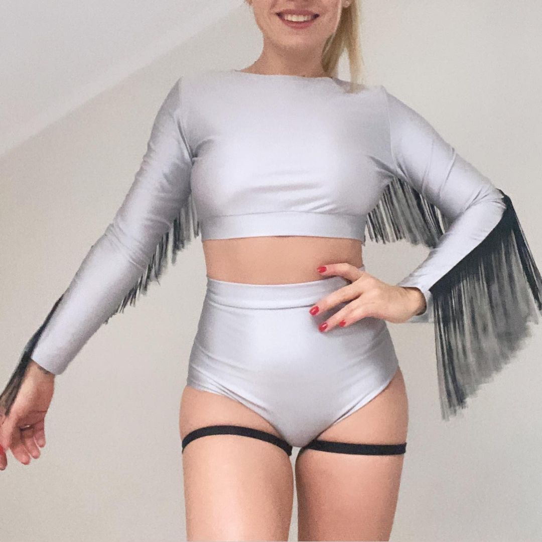 Silver outfit with black fringes for pole dance