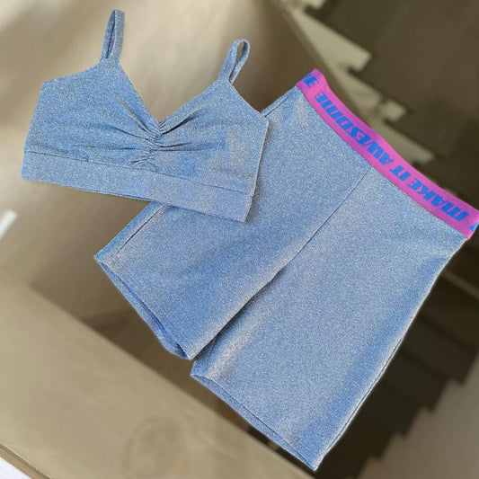 Lurex grey Twerk outfit with tight shorts and sports bra
