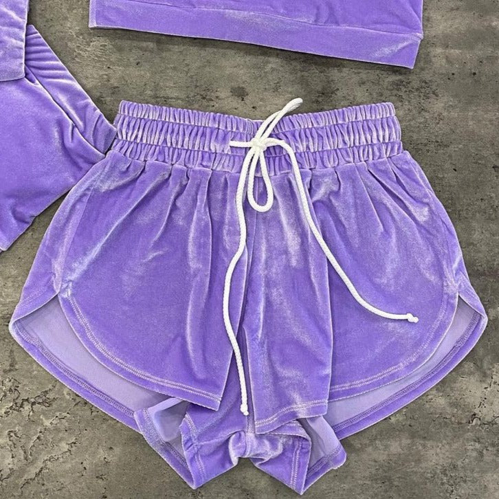Lilac Velvet twerk outfit with shorts and zippered top