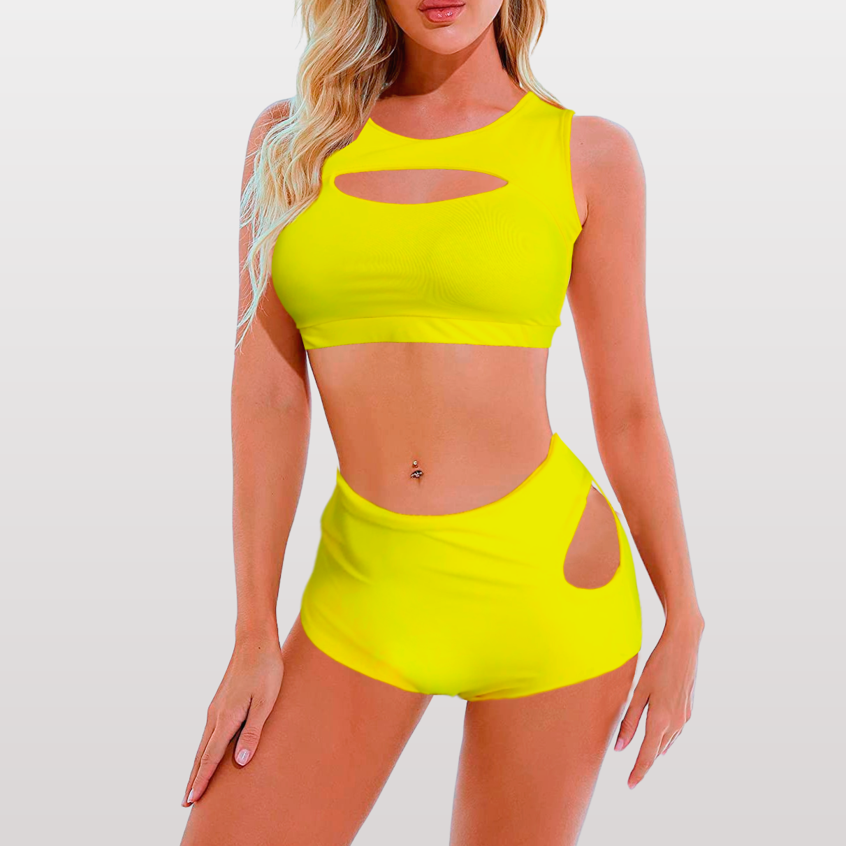 Yellow pole dance outfit with best support of bust and side cut-out panty