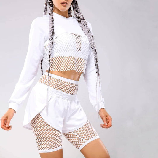 White fishnet dance outfit with shorts and cropped sweatshirt