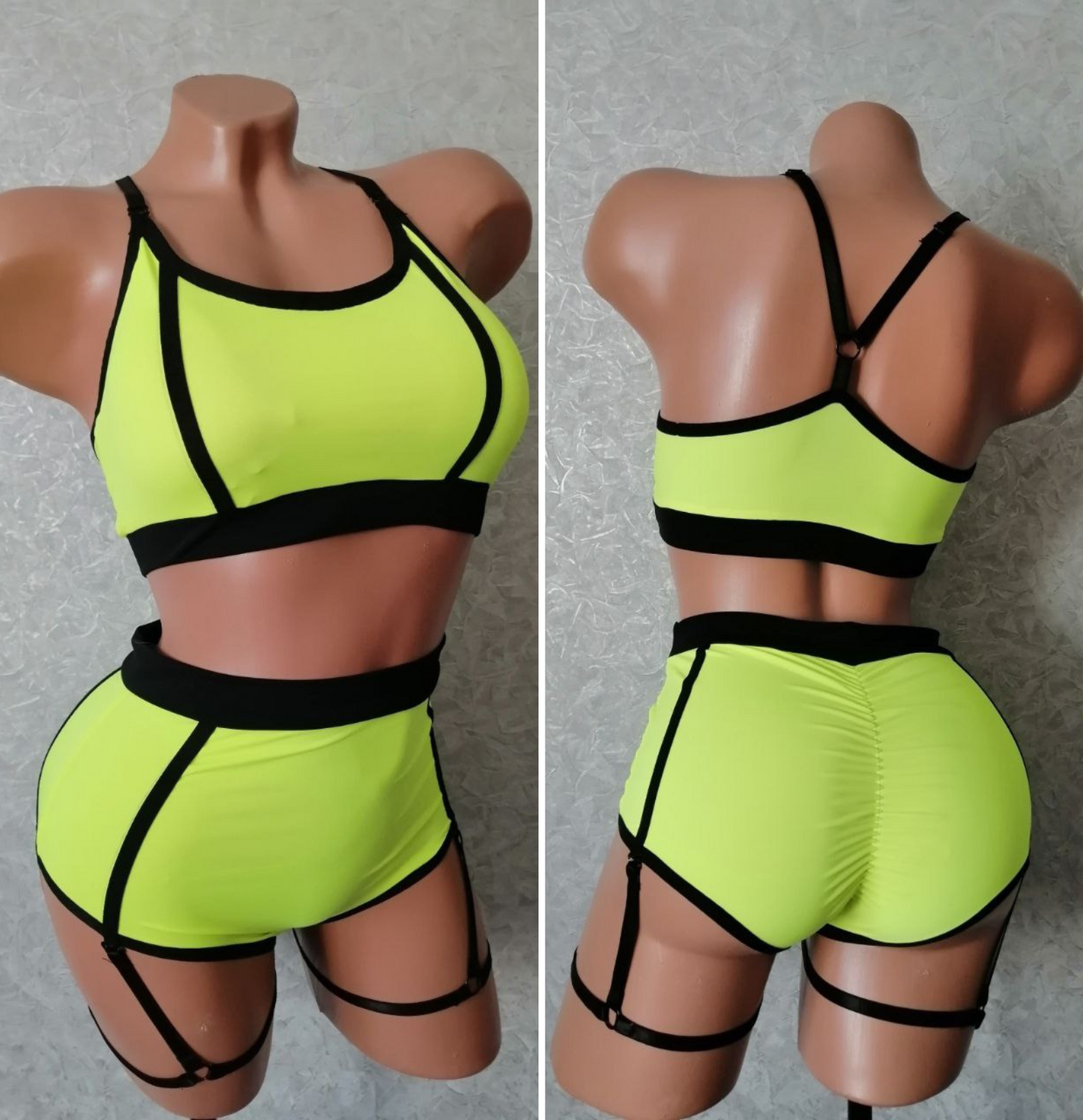 Neon yellow pole dance outfit with black garter